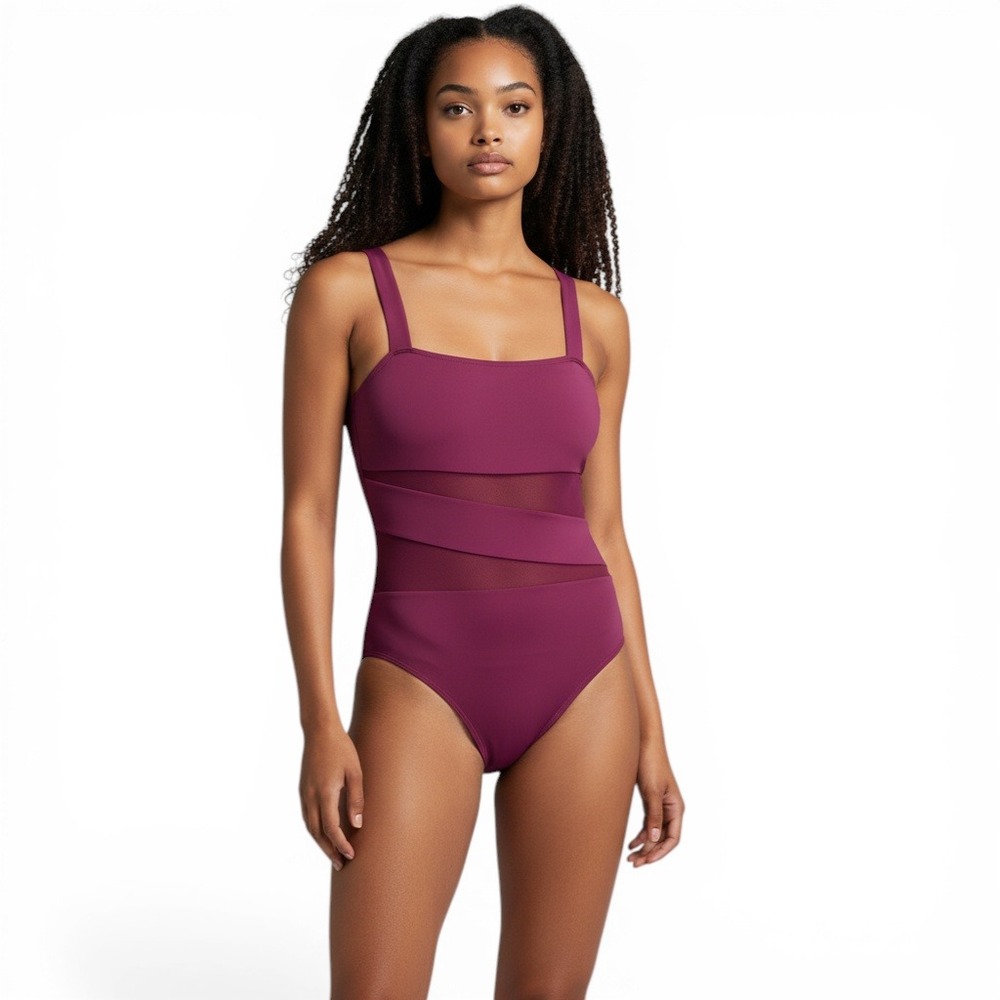 Carmen‎ Marc Valvo Swimsuit Womens 14 Burgundy One Piece Mesh C94809 Square Neck